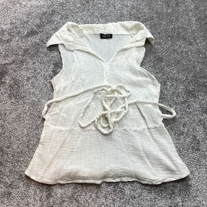 Objex Blouse Top Womens Small White Belted Tie Collared Sleeveless Lightweight